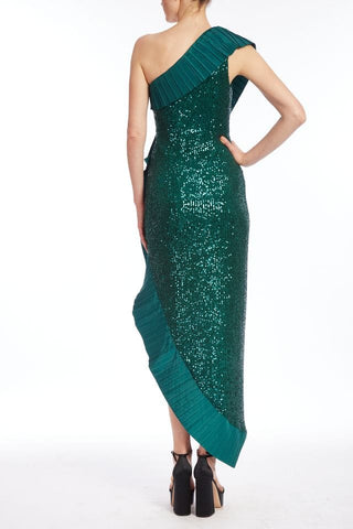 The Mercer Sequin | Emerald Pleated Ruffle Gown