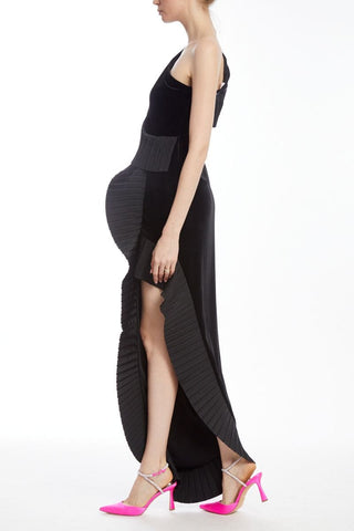 The Mercer Velvet | Black Pleated Ruffle Gown