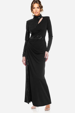 The Bridgette | Sleek High Neck Sequin Black Gown