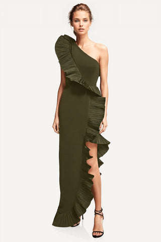 The Mercer | Olive Pleated Ruffle Gown