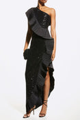The Mercer Sequin | Black Pleated Ruffle Gown