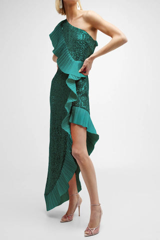 The Mercer Sequin | Emerald Pleated Ruffle Gown