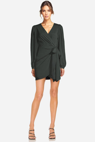 The Harper | Black Long Sleeve V-neck Essential Mini Wrap Dress