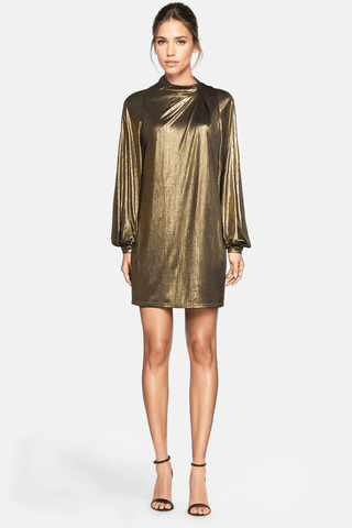 The Aria Dress | Gold Balloon Sleeve Metallic Mini Dress