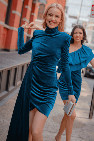 The Diana | Turquoise Velvet Turtleneck Mini Dress
