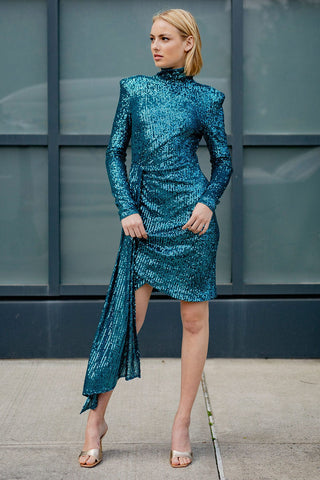 The Diana | Peacock Sequin Faux Wrap Cocktail Dress