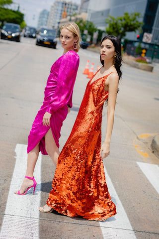 The Noelle | Orange Sequin V-Neck Slip Gown