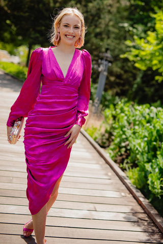 The Kamali | Fuchsia Ruched Jacquard Midi Dress