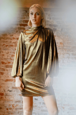 The Aria Dress | Gold Balloon Sleeve Metallic Mini Dress
