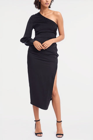 The Elana | Black One-Shoulder Midi Cocktail Dress