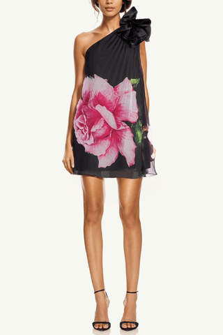The Delia | Black Floral Printed One Shoulder Cocktail Dress