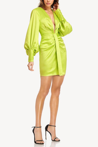 The Vera | Green Ruched Balloon Sleeve Cocktail Dress