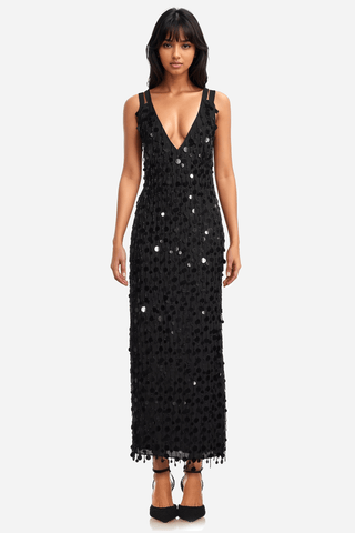 The Starlust | Black Sequin Paillette Midi Dress