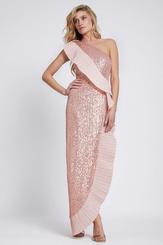 The Mercer Sequin | Blush Pleated Ruffle Gown