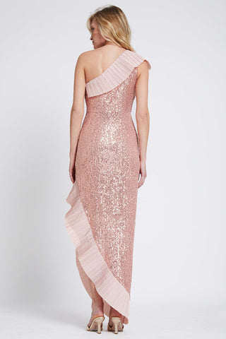 The Mercer Sequin | Blush Pleated Ruffle Gown