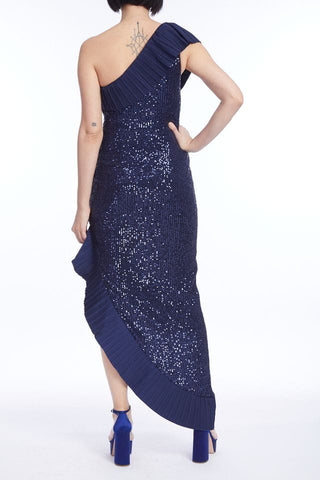 The Mercer Sequin | Navy Pleated Ruffle Gown