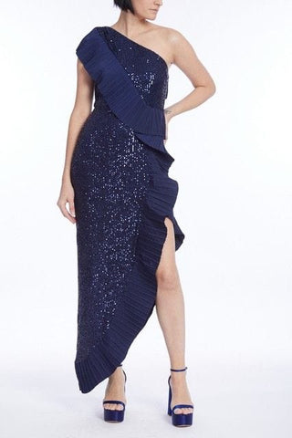 The Mercer Sequin | Navy Pleated Ruffle Gown