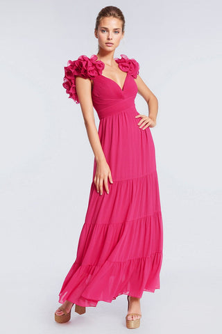 The Dierdre | Fuchsia Chiffon Boho Gown with Sleeve Accents