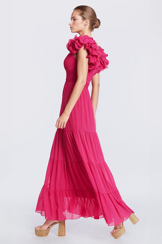 The Dierdre | Fuchsia Chiffon Boho Gown with Sleeve Accents