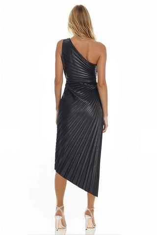 The Alana | Black Pleated One-Shoulder Cocktail Dress