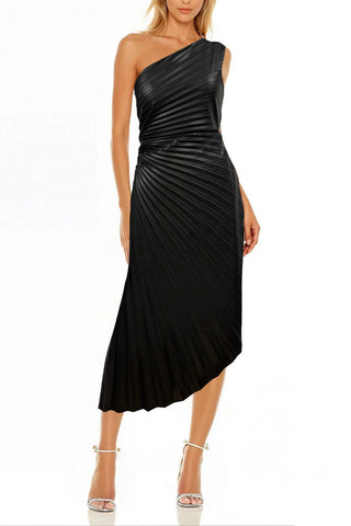 The Alana | Black Pleated One-Shoulder Cocktail Dress