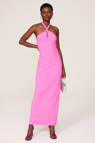 The Hali | Neon Pink Twisted Neck Backless Jersey Maxi Dress
