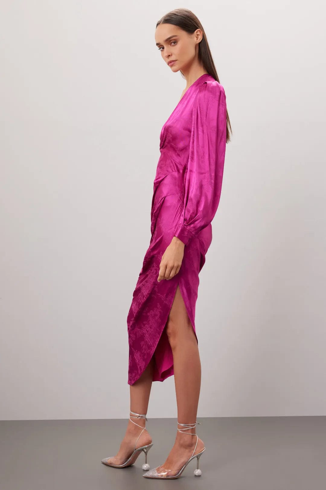 ONE33 Social The Kamali Fuchsia Satin Jacquard Midi Cocktail