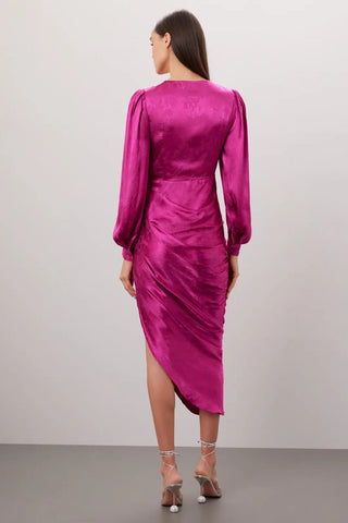 The Kamali | Fuchsia Ruched Jacquard Midi Dress