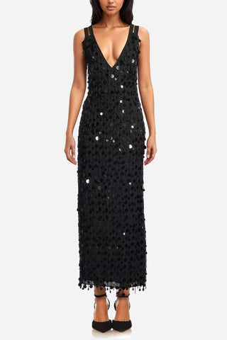 The Starlust | Black Sequin Paillette Midi Dress