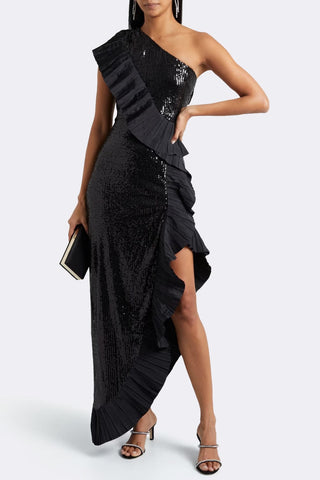 The Mercer Sequin | Black Pleated Ruffle Gown