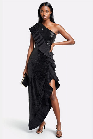 The Mercer Sequin | Black Pleated Ruffle Gown
