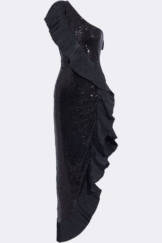 The Mercer Sequin | Black Pleated Ruffle Gown