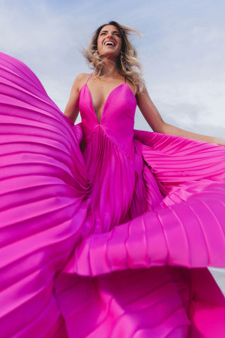 The Pauline | Pink Pleated Deep-V Gown