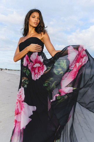 The Dasha | Black Strapless Floral Printed Maxi Dress