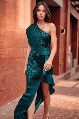 The Mercer Sequin | Emerald Pleated Ruffle Gown