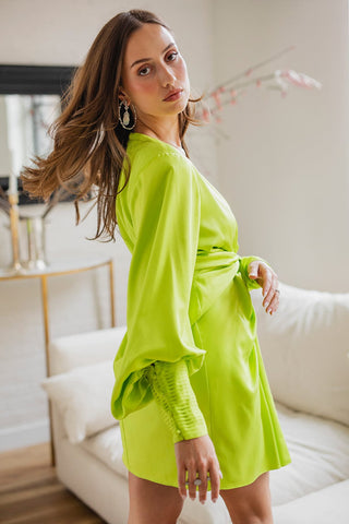 The Vera | Green Ruched Balloon Sleeve Cocktail Dress