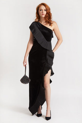 The Mercer Velvet | Black Pleated Ruffle Gown