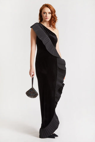 The Mercer Velvet | Black Pleated Ruffle Gown