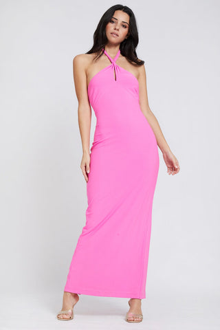 The Hali | Neon Pink Twisted Neck Backless Jersey Maxi Dress
