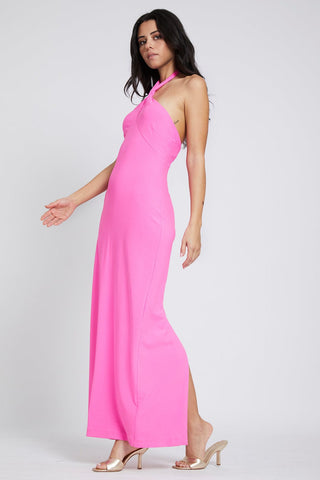 The Hali | Neon Pink Twisted Neck Backless Jersey Maxi Dress