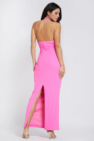 The Hali | Neon Pink Twisted Neck Backless Jersey Maxi Dress