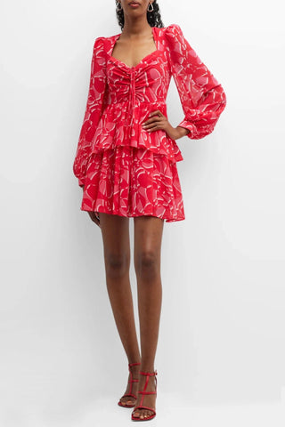 Red Printed Sequin A-Line Ruffled Cocktail Dress
