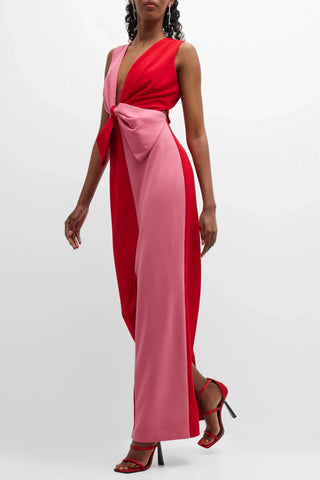 The Jessica | Pink Colorblock Plunging Neckline Long Dress with Bow